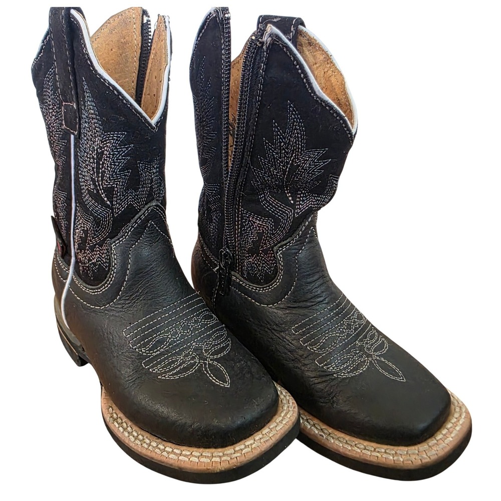 Kids Black Western Zip-Closure Cowboy Boots with Embroidered Shaft